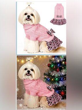 Pink Cable Knit Dog Sweater Dress with Leopard Print Ruffle & Bow Pet Clothes.